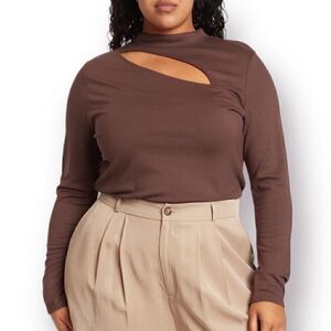 Halogen Cutout Long Sleeve Top Long Sleeve Brown Seal 4X